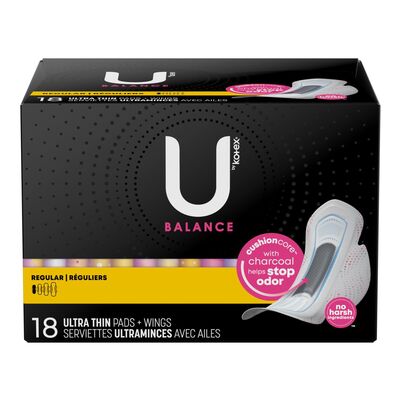 U By Kotex Balance Ultra Thin Pads + Wings, Regular, Raised center,  18ct