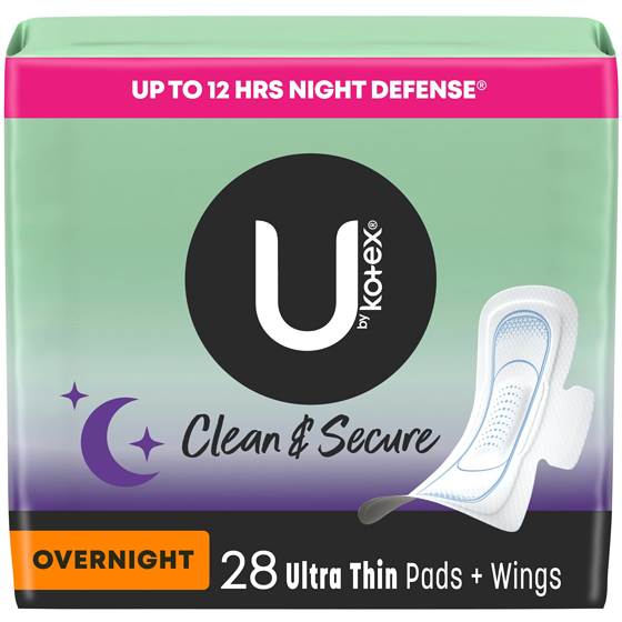 U By Kotex Ultra Thin Overnight Wing Feminine Hygiene Pads 28ct