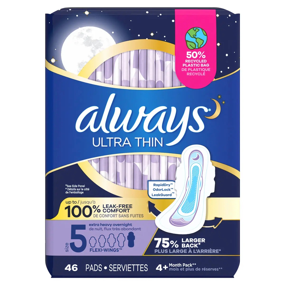 Always Ultra Thin Size 5 Extra Heavy Overnight Flexi-Wings Pads 46ct