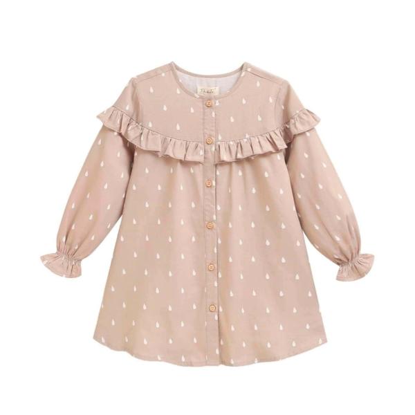 Dadati Beige Girl's Dress with White Drops Print