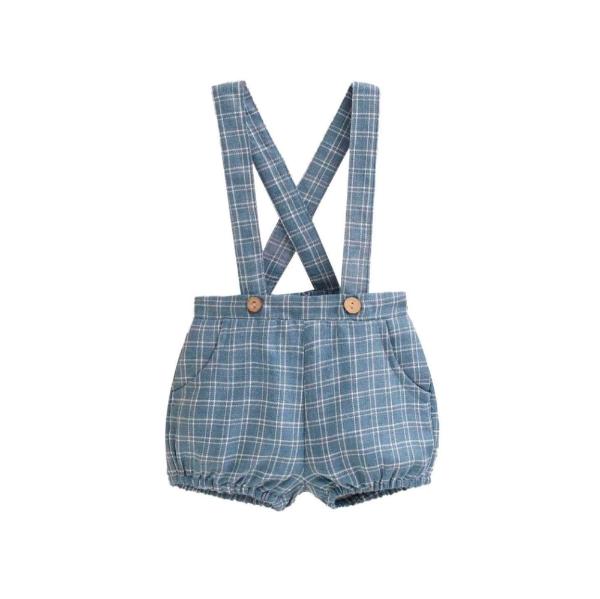 Dadati Blue Checkered Baby Boy's Frog Shorts with Straps 36m