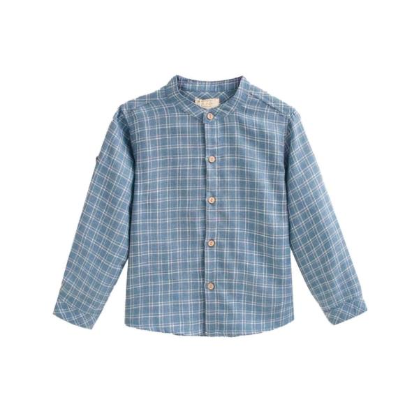 Dadati Blue Checkered White Children's Mao Collar Shirt