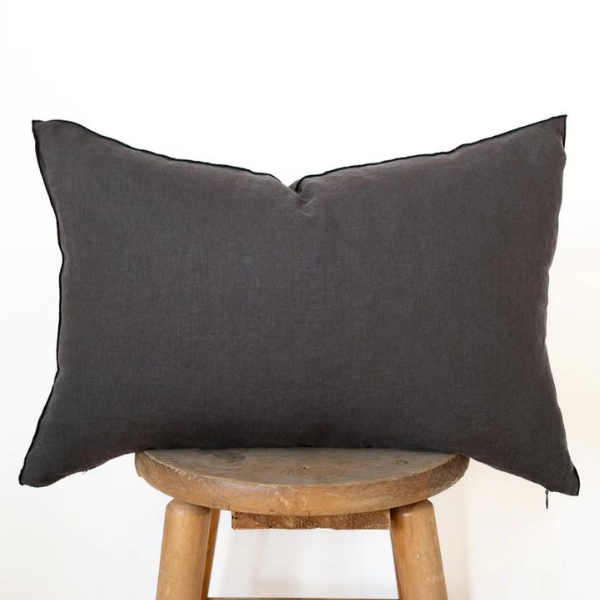 Lumbar Edged Linen Pillow Cover - Charcoal 12"x20"