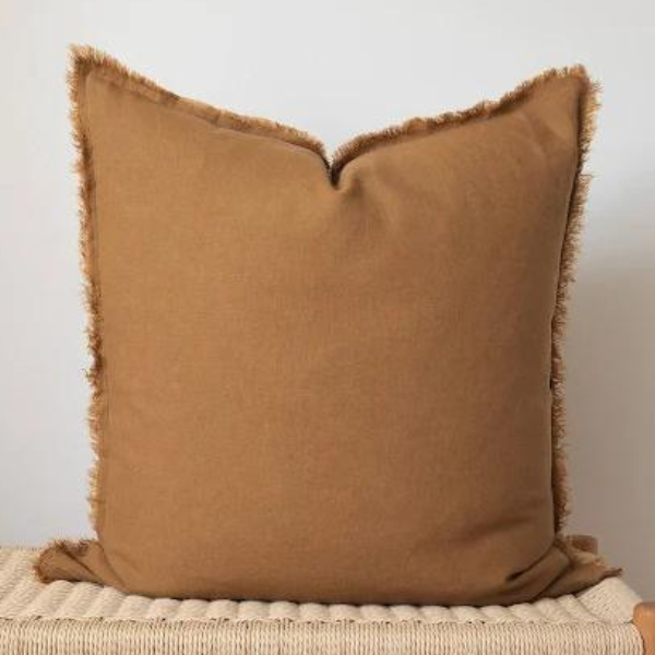 Square Fringed Linen Pillow Cover - Camel 24"x24"