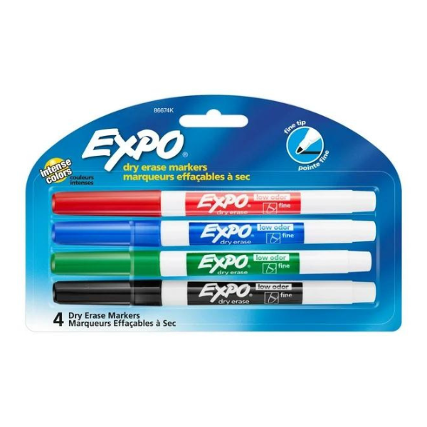 Expo Low Odour Dry Erase Markers Fine Point, Pack of 4 Colors