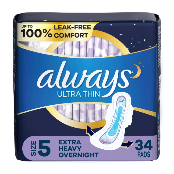 Always Ultra Thin Overnight Pads with Flexi-Wings, Size 5, Extra Heavy Overnight, Unscented, 34ct