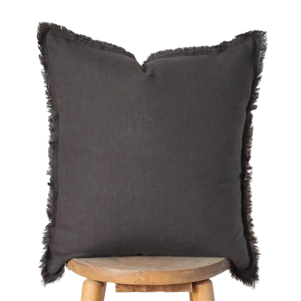 Square Fringed Linen Pillow Charcoal 18"x18"