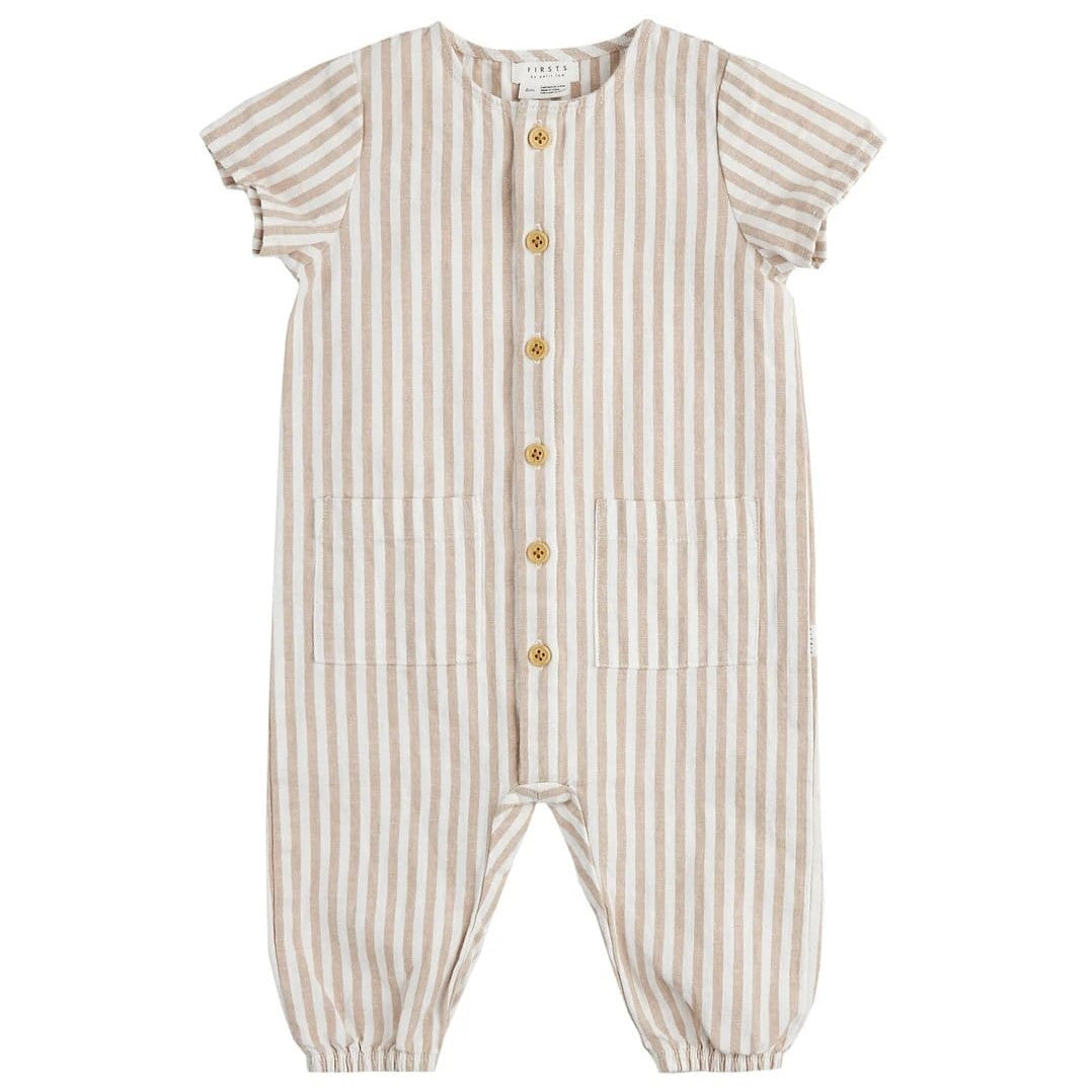 FIRSTS by Petit Lem Taupe Striped Short Sleeve Romper 6m