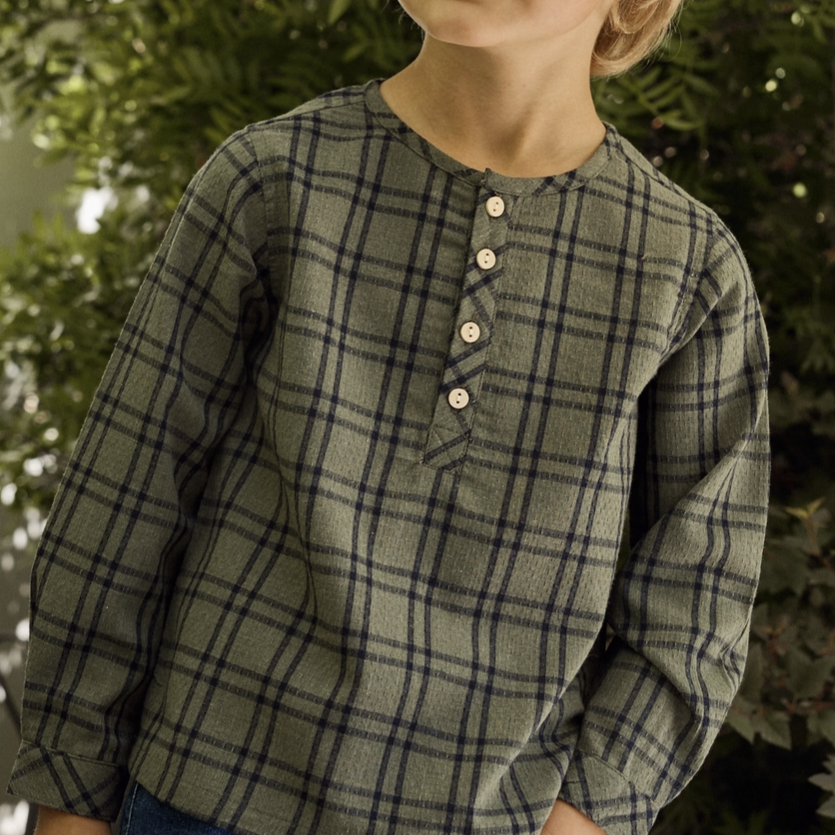 Dadati Boy's Olive Green with Navy Blue Plaid Long Sleeve Shirt 4yr