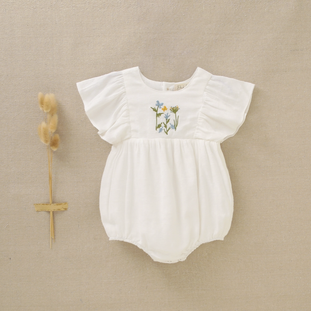 Dadati Girl's Short Sleeve Romper with Flower Embroidery 6mos