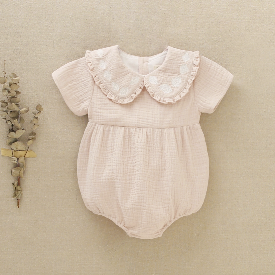 Dadati Girl's Rose Bambula Romper with Embroidered Details 6mos