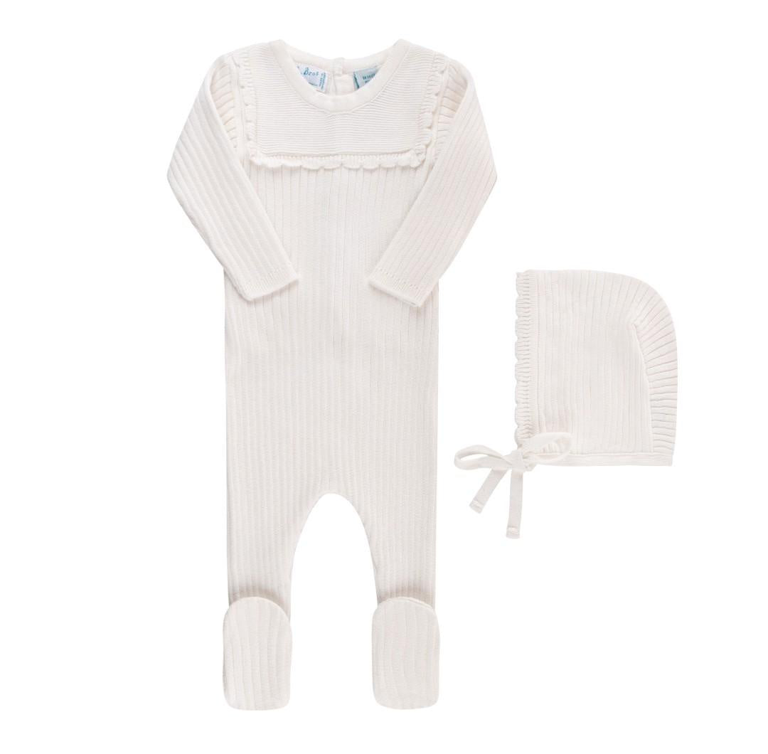 Feltman Brothers Ivory Scalloped Trim Ribbed Knit Romper & Bonnet 6-9m