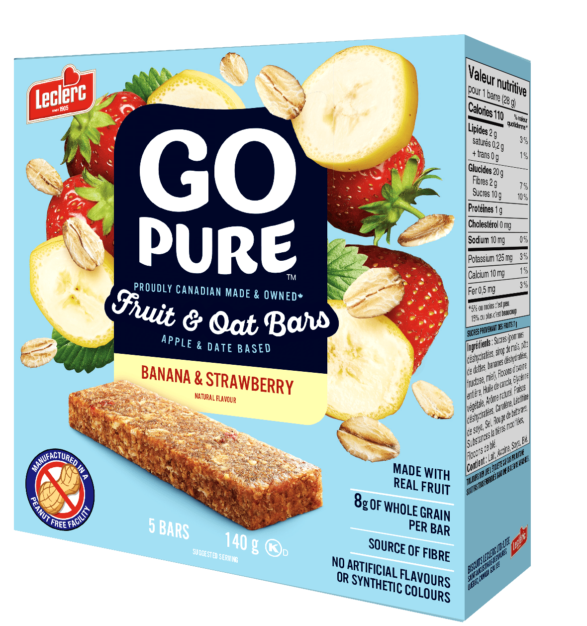 Leclerc GoPure Oat and Banana Strawberry Cereal Bar 140g