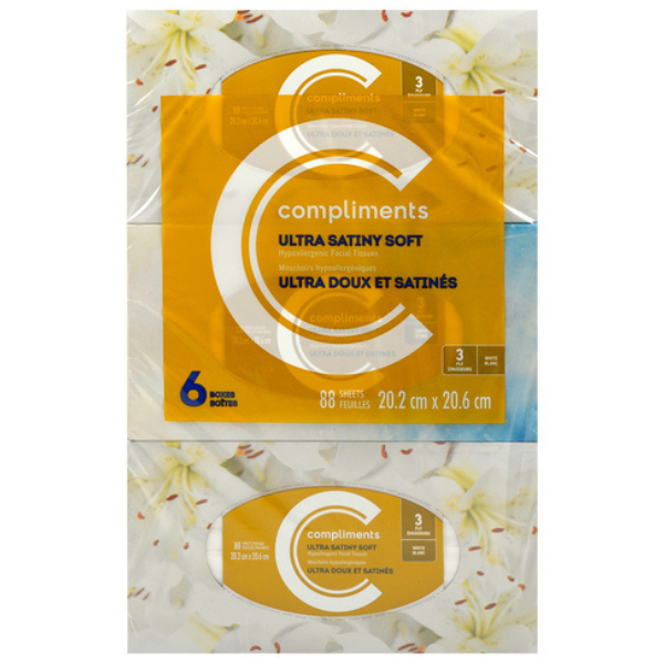 Compliments Hypoallergenic Ultra Satiny Soft Facial Tissue 3-ply 88s 6ct