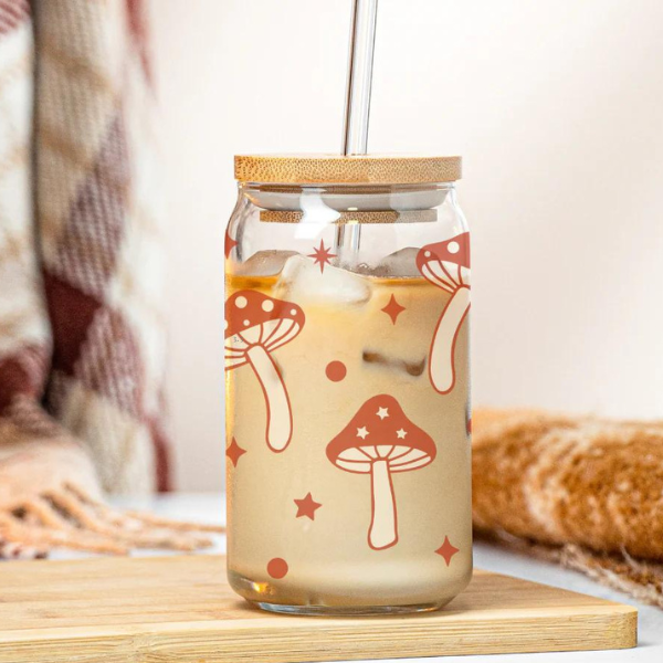 Love Mae Fairy Mushrooms Coffee Cup with Glass Straw, 12 oz