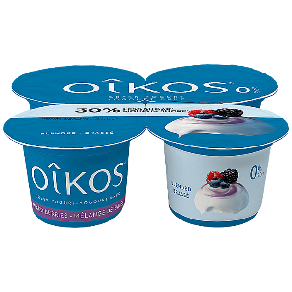 Oikos 0% Milkfat 30% Less Sugar Mixed Berry Greek Yogurt 4 x 100g