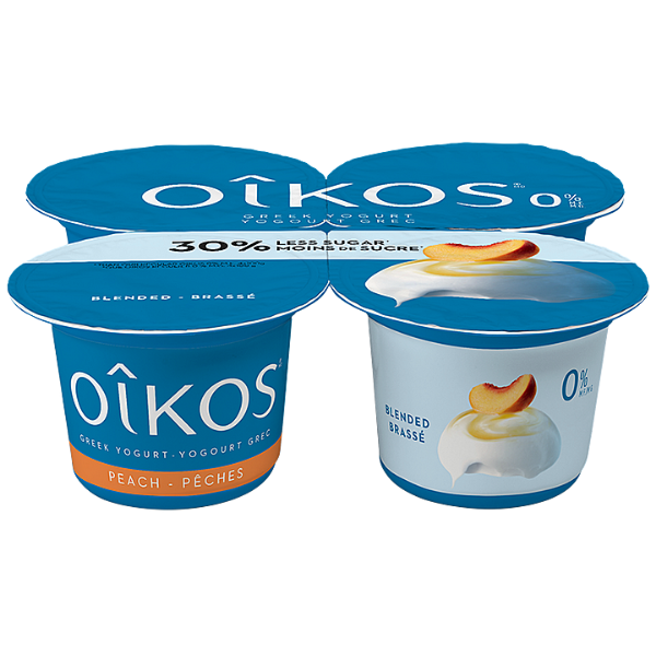Oikos 0% Milkfat 30% Less Sugar Peach Greek Yogurt 4 x 100g