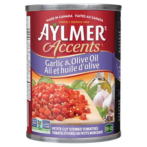 Aylmer Accents Petite Cut Garlic & Olive Oil Stewed Tomatoes 540ml